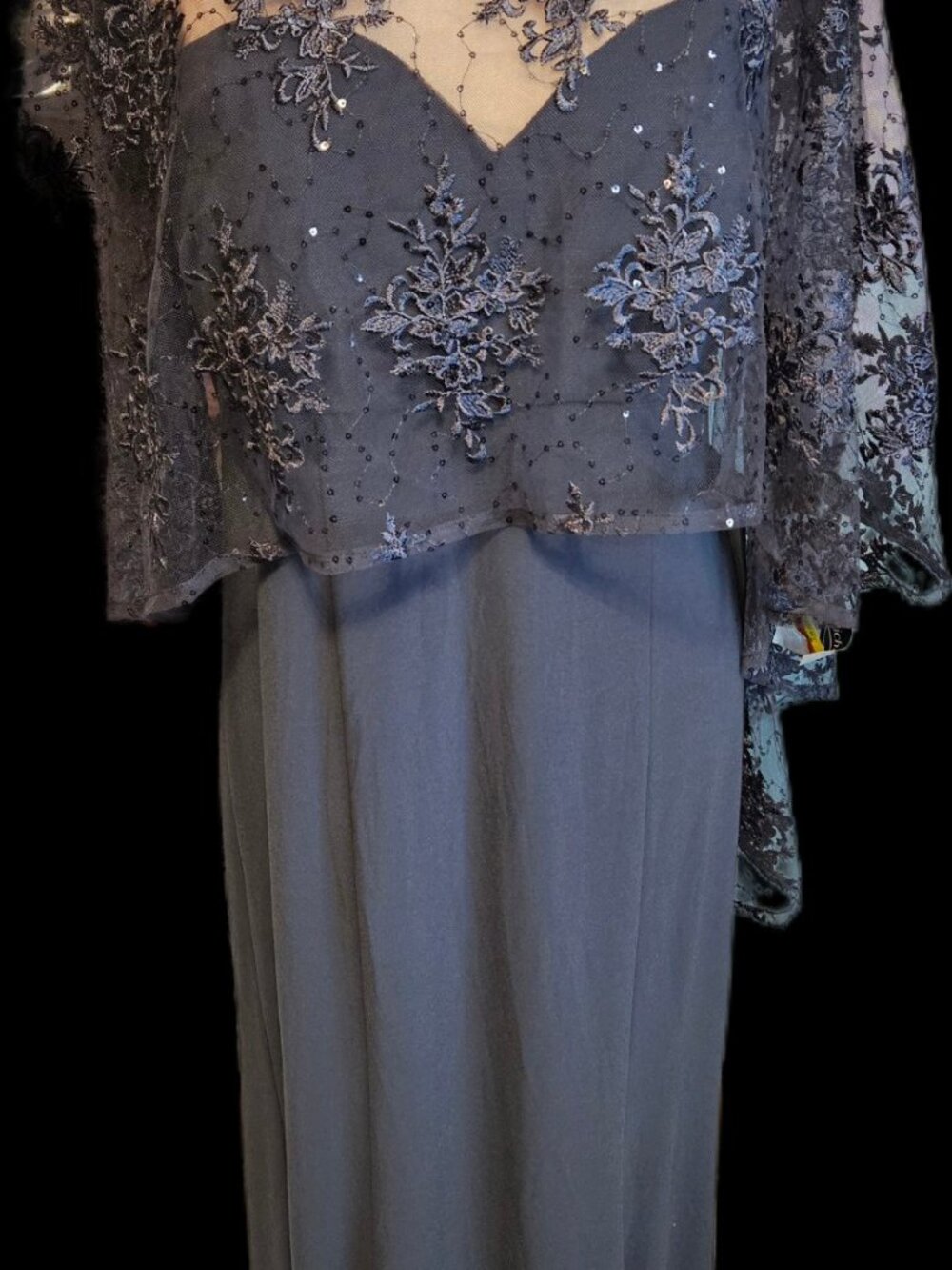 Size 8 R&M Richards 1560 Charcoal Nude Embellished Capelet Gown NWT